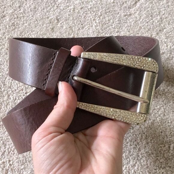 Michael Kors Diamond Studded Buckle Brown Leather Belt - Picture 1 of 5